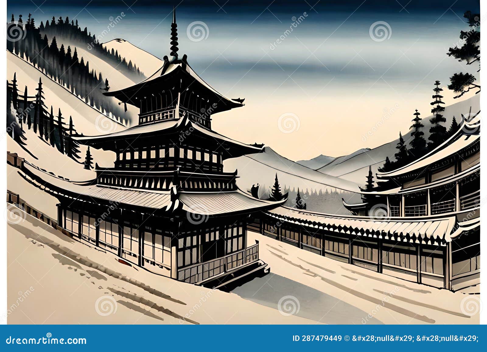 japanese semi-e style temple scroll art