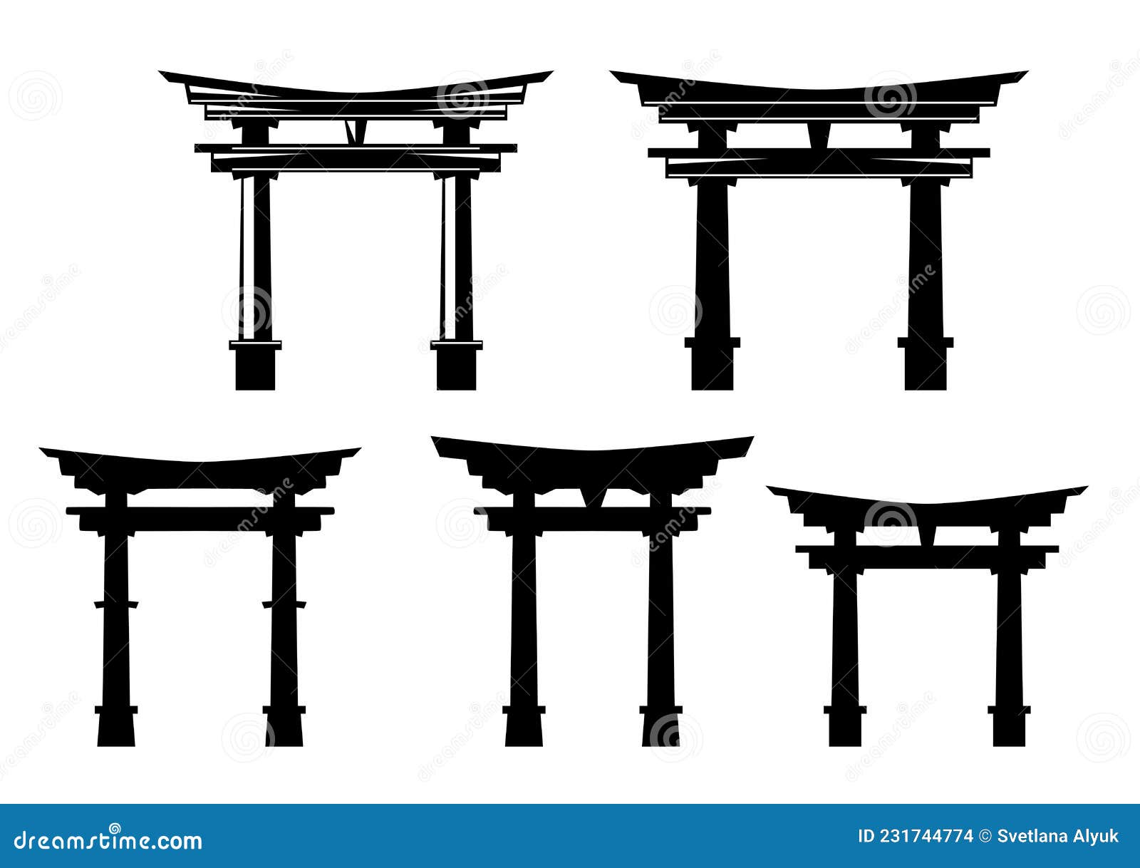 japanese shinto torii gate black and white   set