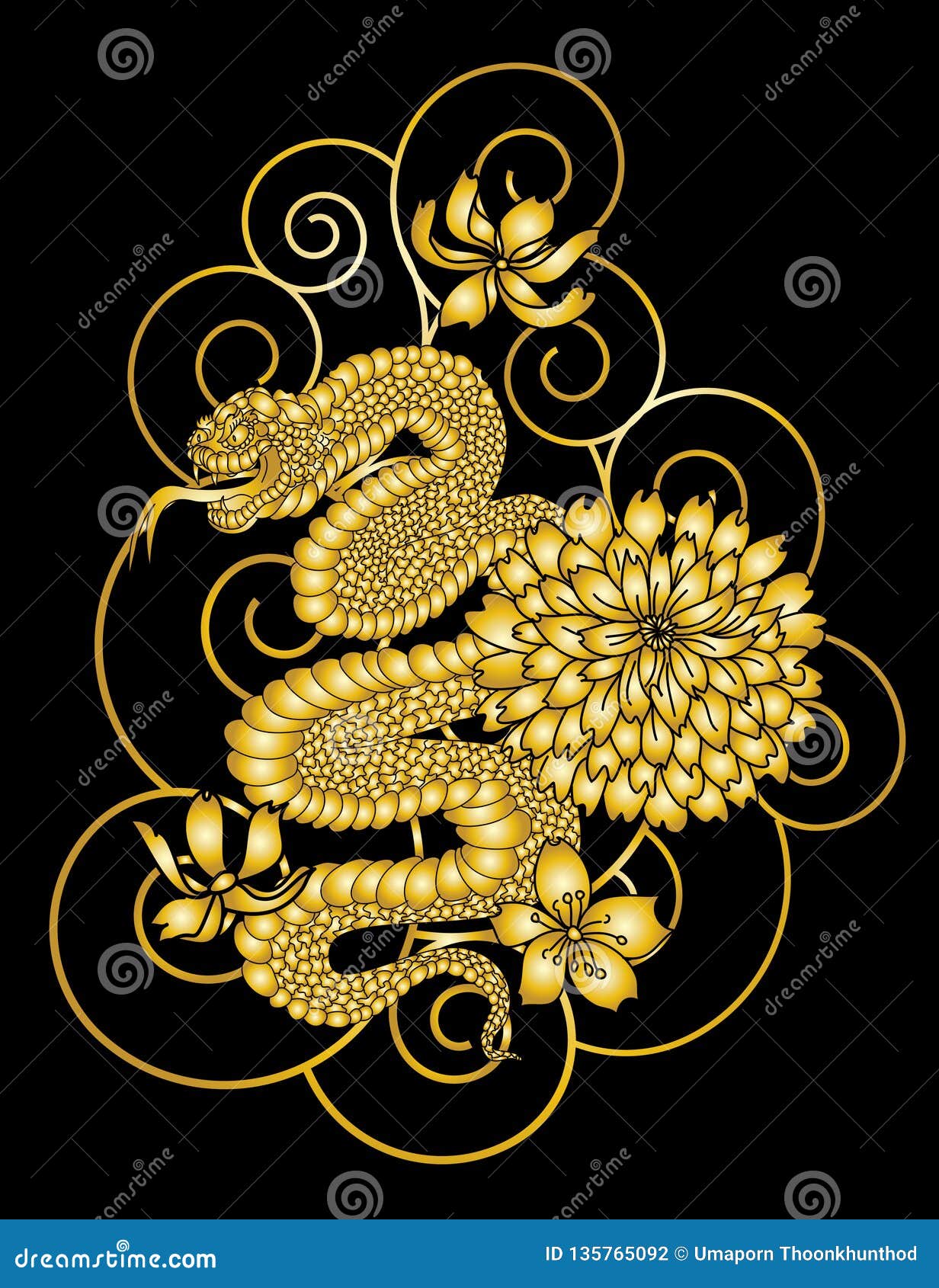 Japanese Snake Vector Tattoo For Printing.Black And White Sticker Fire