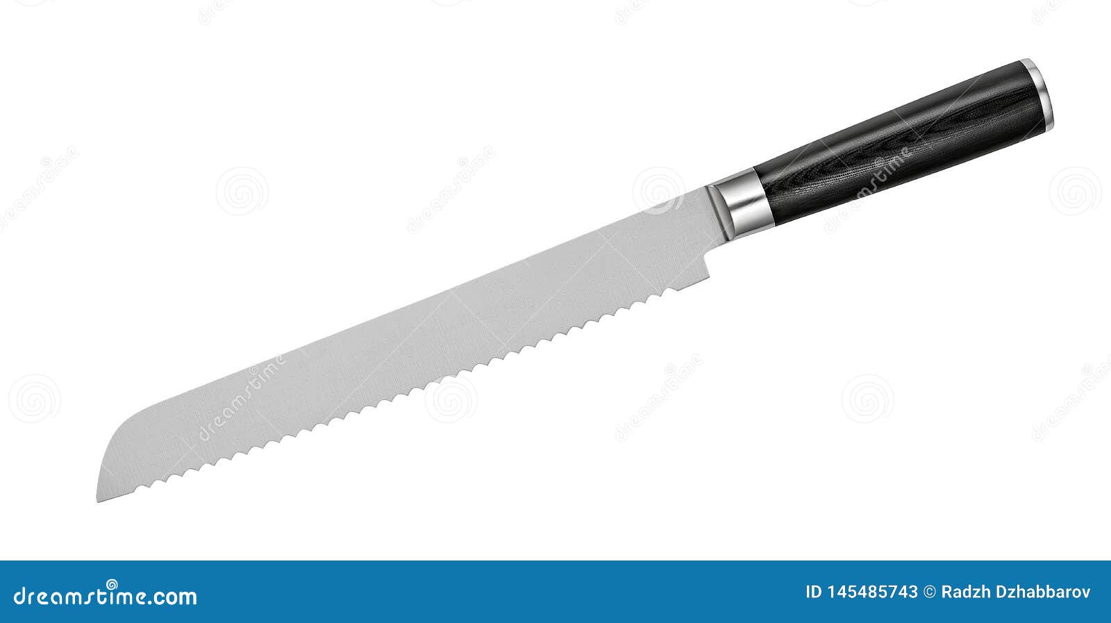 japanese steel bread knife with serrated blade on white background. kitchen knife  with clipping path. top view