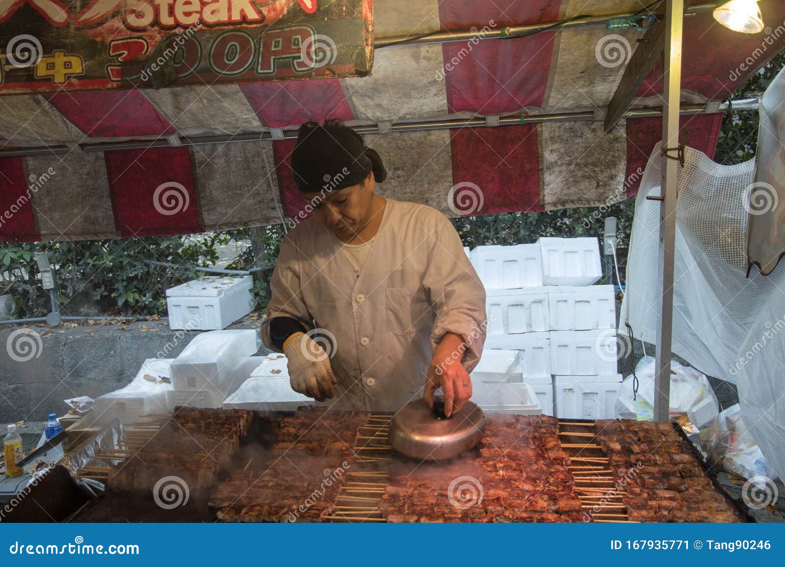 Japanese Street Food Vendor Selling Beef Skewers Sold at Road Side