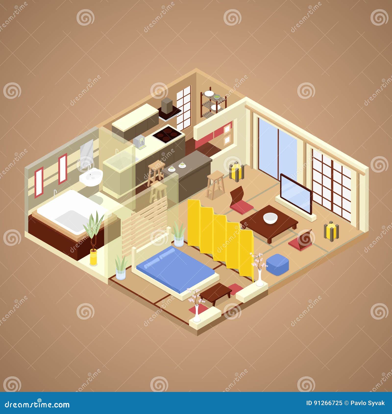 Japanese Style Apartment Interior Design With Kitchen Bedroom And Bathroom Isometric Flat Illustration Stock Vector Illustration Of Room Furniture 91266725