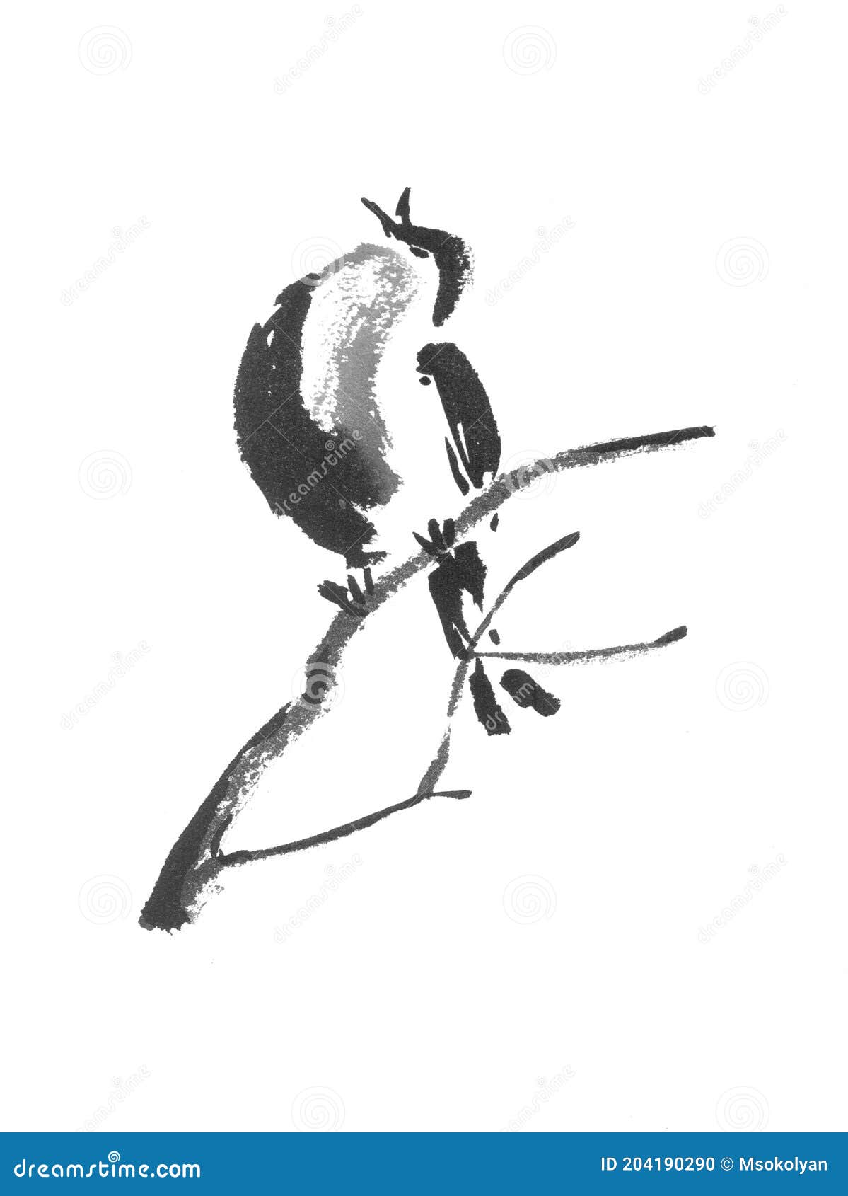 Japanese Style Sumi-e Painting with Singing Bird on a Branch. Stock  Illustration - Illustration of paper, black: 204190290