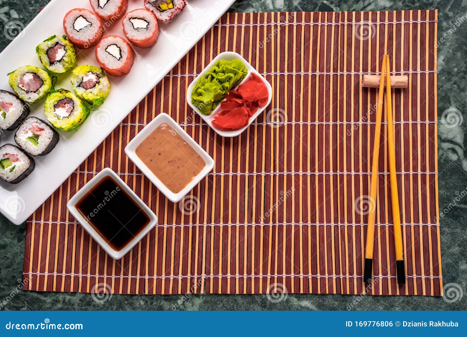 Japanese Sushi Set with Soy Sauce, Wasabi and Pickled Ginger Stock