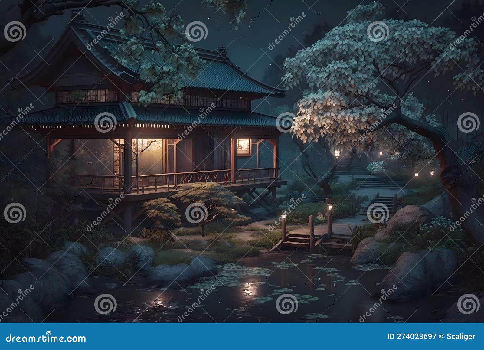 Japanese Temple and Garden at Night, Scenery of House by Pond in ...