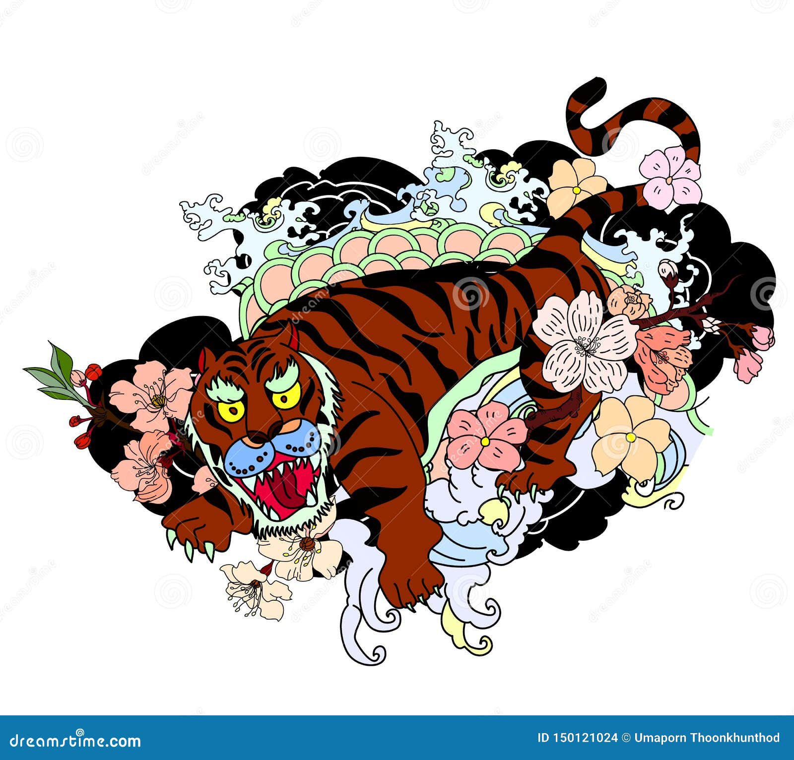 Japanese Tiger with Cloud Vector Set on Background. Stock Vector ...