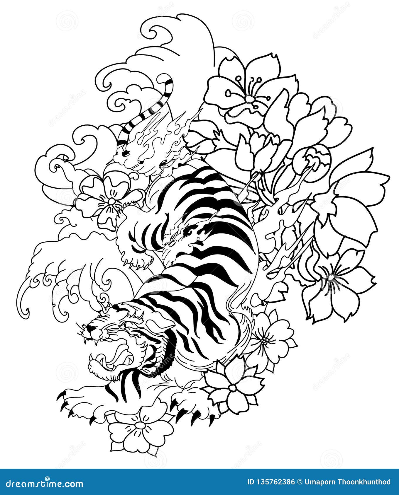Japanese Tiger Vector and Illustration Design on Black and White  Background. Stock Vector - Illustration of china, grey: 135762386
