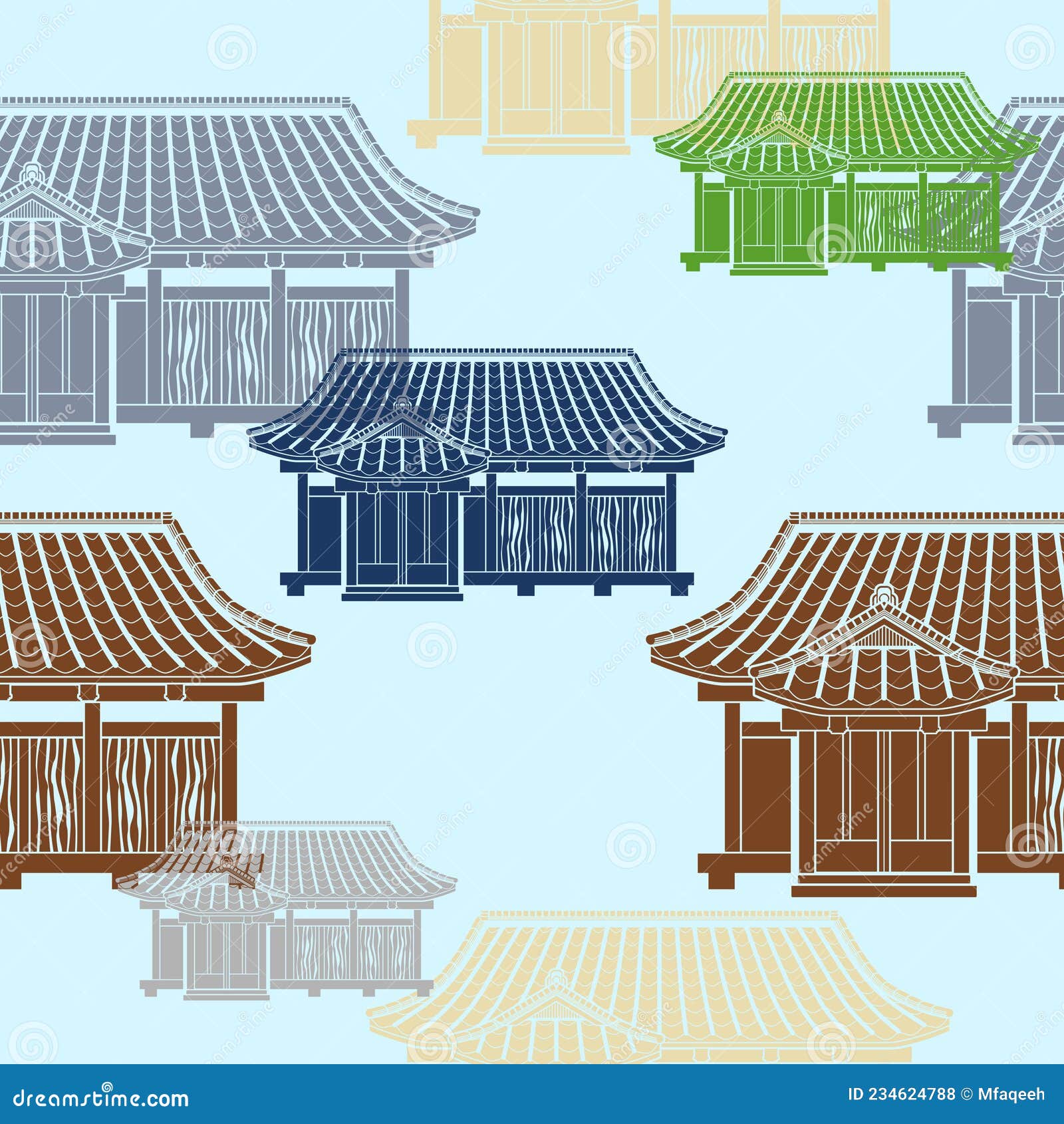 Japanese Traditional House Vector Illustration Seamless Pattern Stock