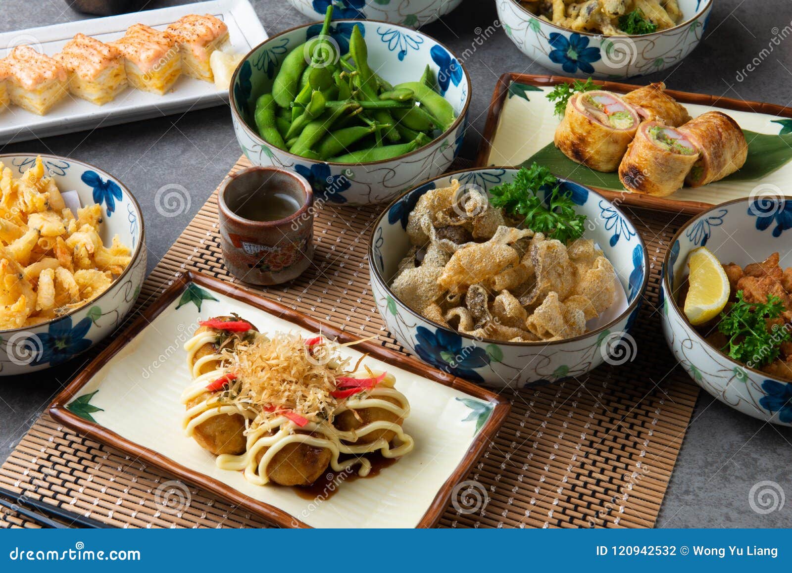 Japanese food served on the table. Japanese various food served on the table. with background