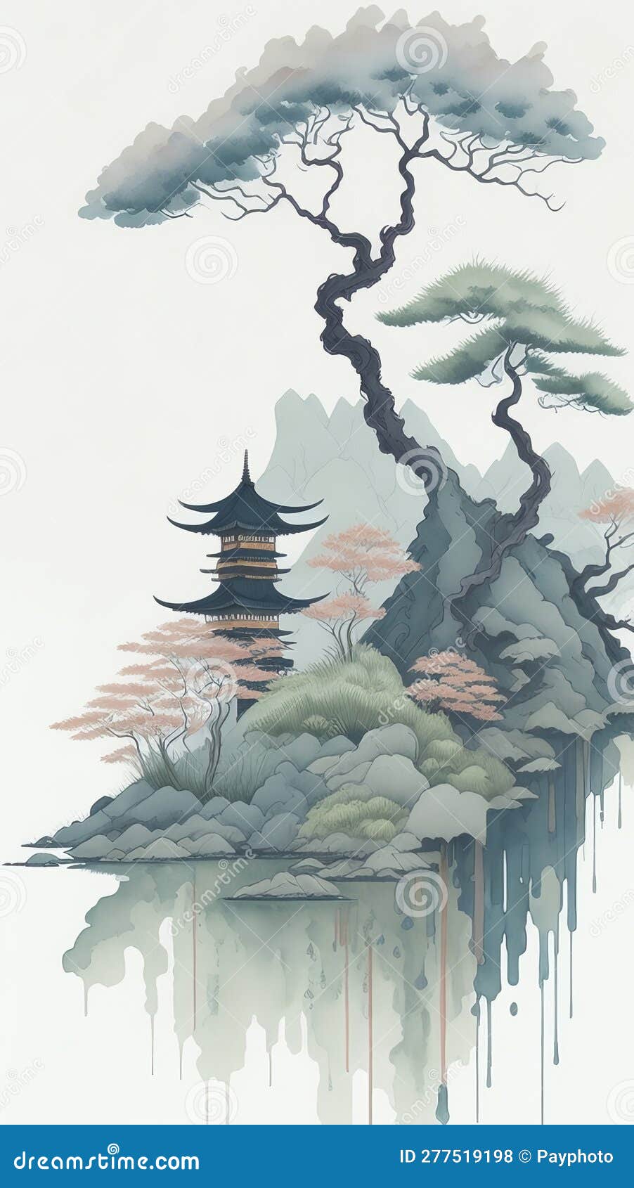 japanese watercolor scene with a sensation of a fairy garden and a subdued color scheme.