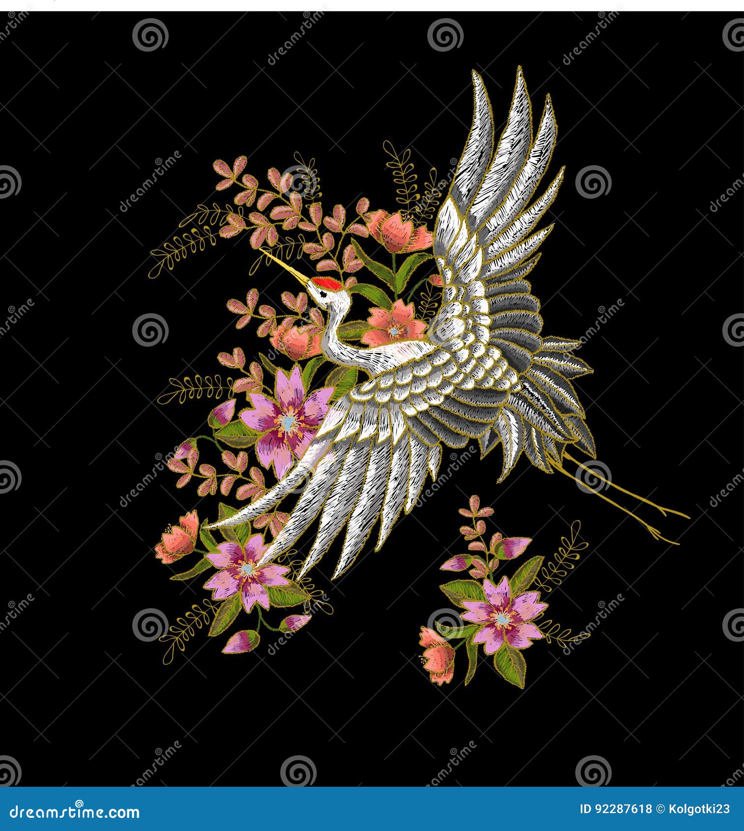 Japanese White Crane and Flowers. Embroidery Vector. Stock Vector