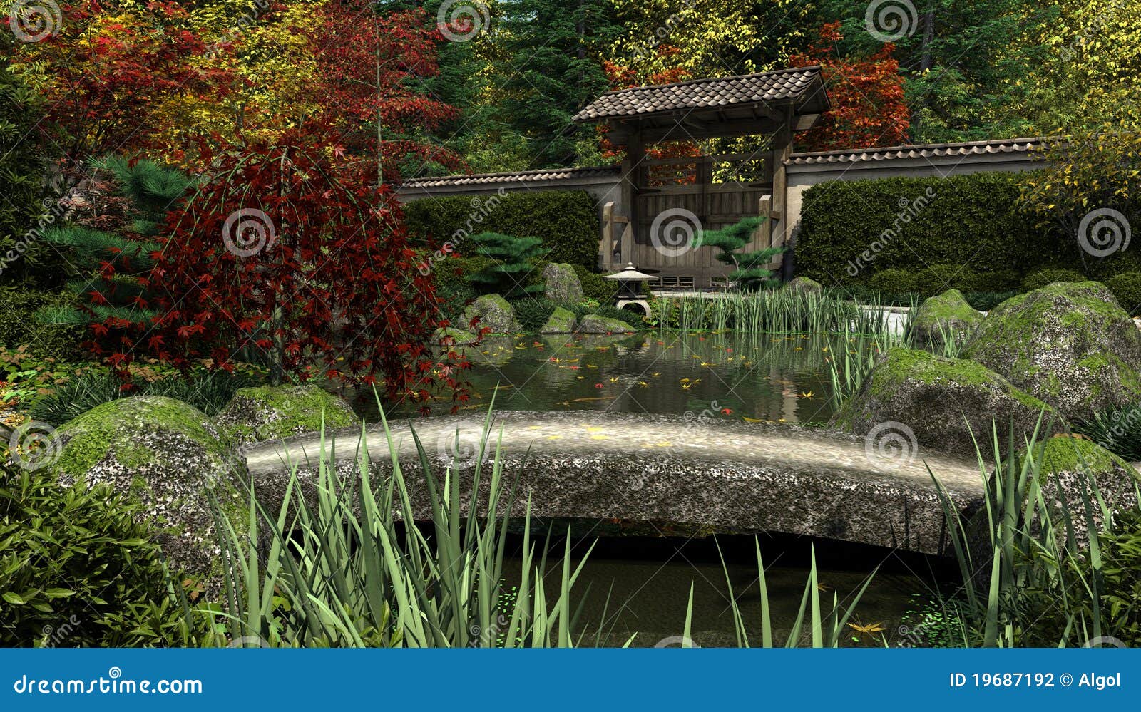 Japanischer Garten Und Koi Teich, Herbst Stock Abbildung Illustration