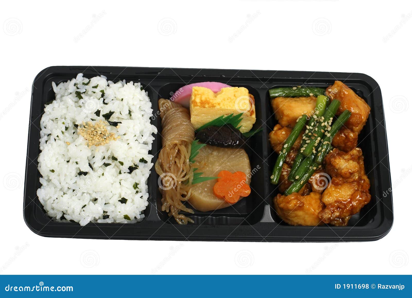 Japanischer Mittagessenkasten, der Fleischgemüse und -reis des gebratenen Huhns enthält
