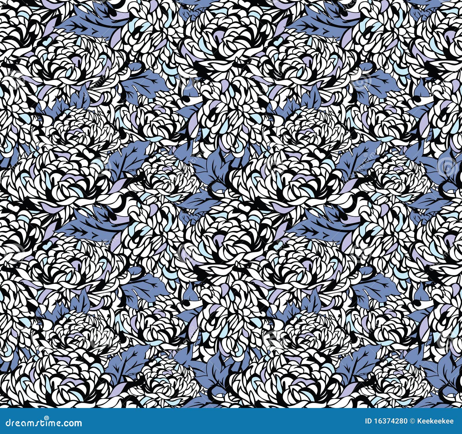 Japanse bloemenpatronen. Een blauw chrysanten bloemen naadloos patroon