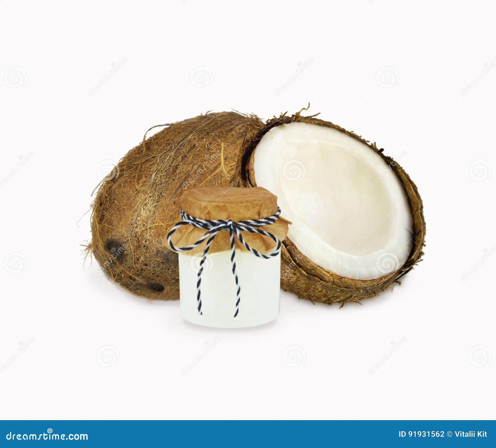 Jar of Coconut Oil and Fresh Coconuts Isolated on White Stock Photo