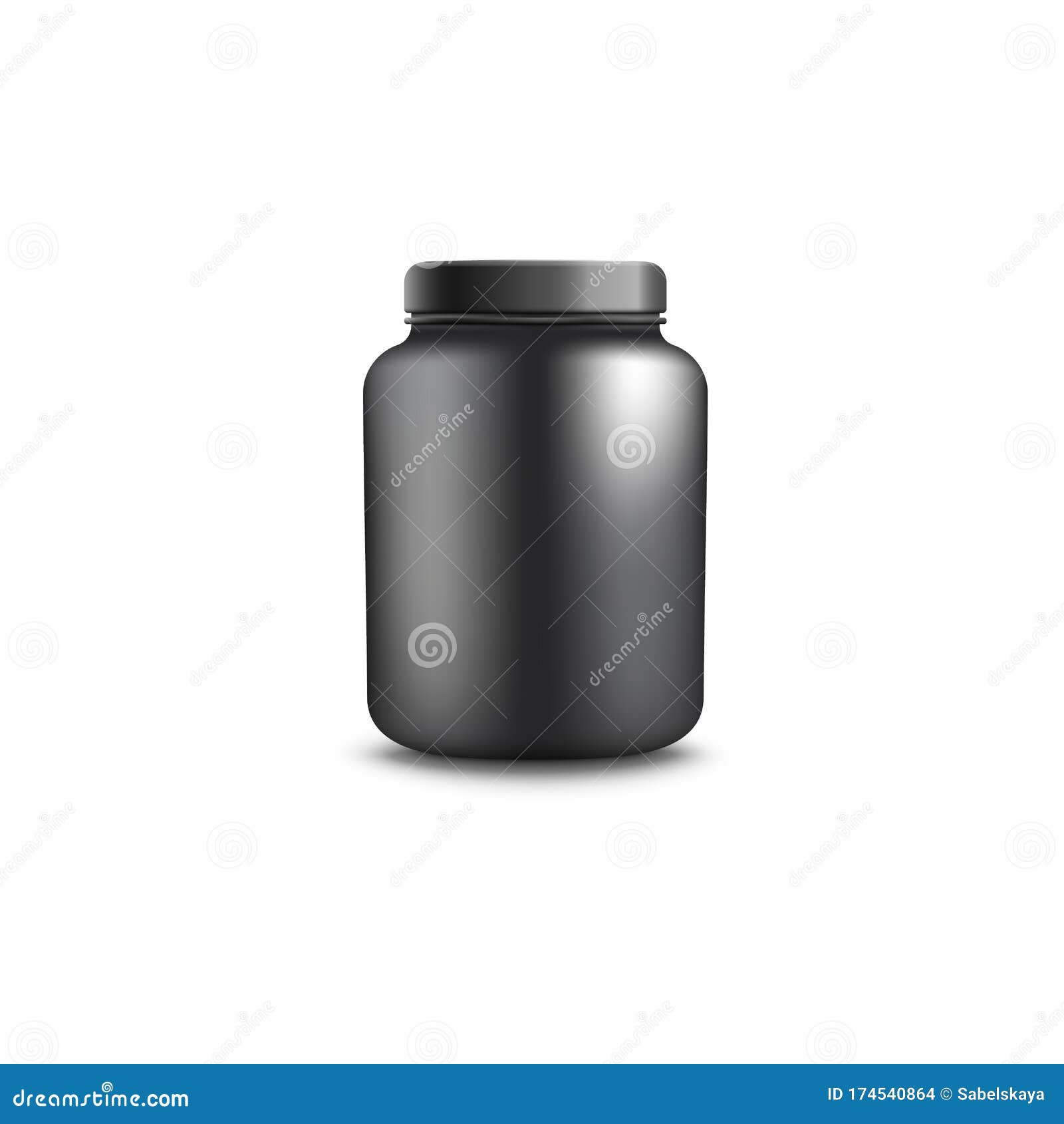 Black protein powder container mockup and dumbbell