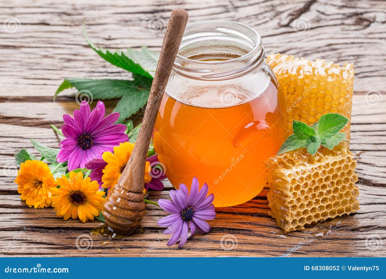Jar Full of Fresh Honey and Stock Photo Image of wooden