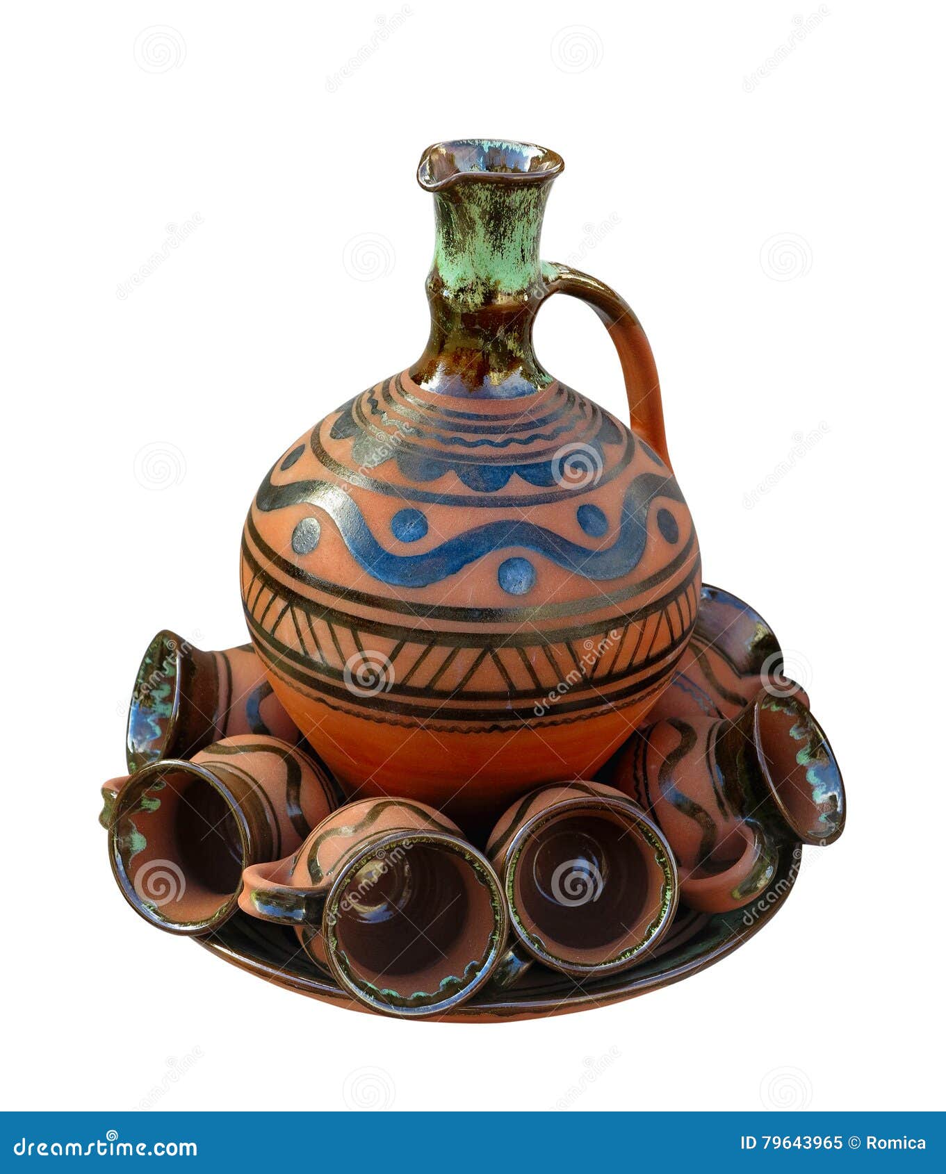 Jar, Mugs Made from Handpainted Clay Isolated Over White Stock Image