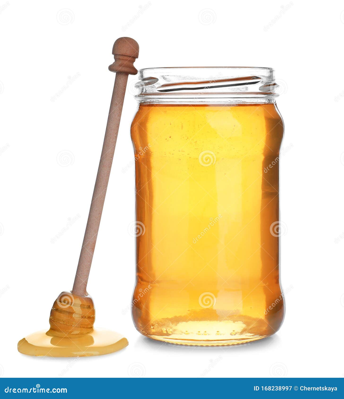 Jar of Organic Honey and Dipper Isolated on White Stock Image Image