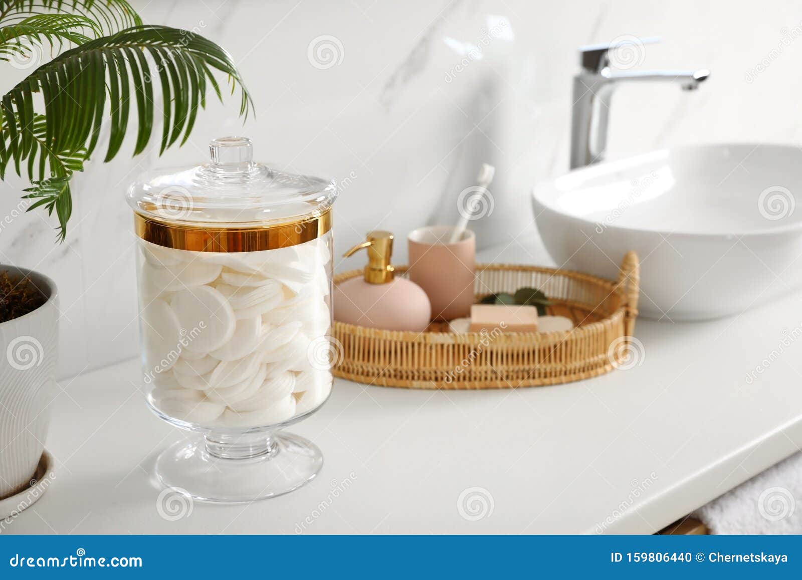 Jar with Pads on Bathroom Countertop Stock Photo Image of glass, pads 159806440