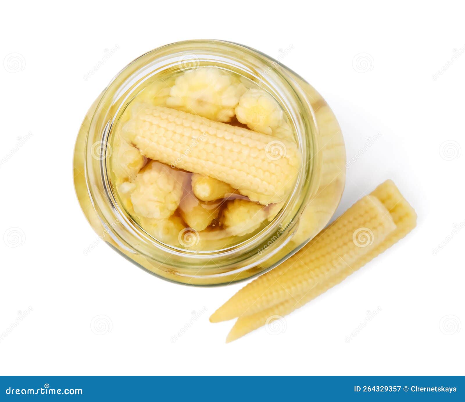 Jar and Pickled Baby Corn Isolated on White, Top View Stock Image