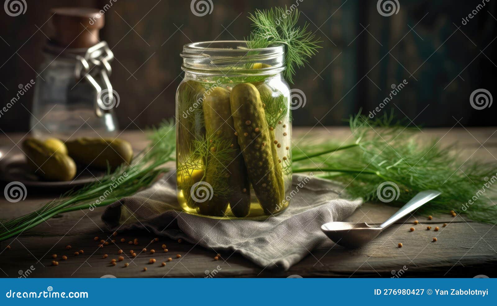 A Jar of Pickles with a Fork and Dill Sprigs. Generative AI Stock