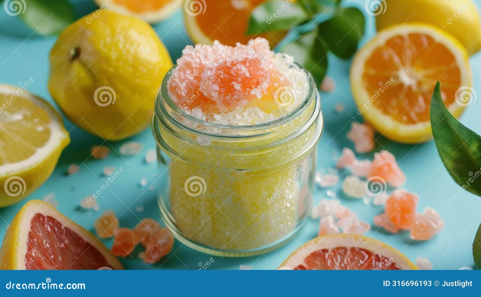 a jar of rich creamy body scrub made with natural sea salt and invigorating citrus scents