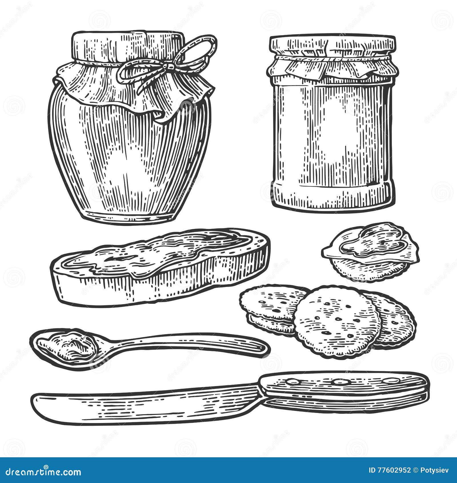 Spoon And Slice Of Bread With Jam. Vector Vintage Engraving