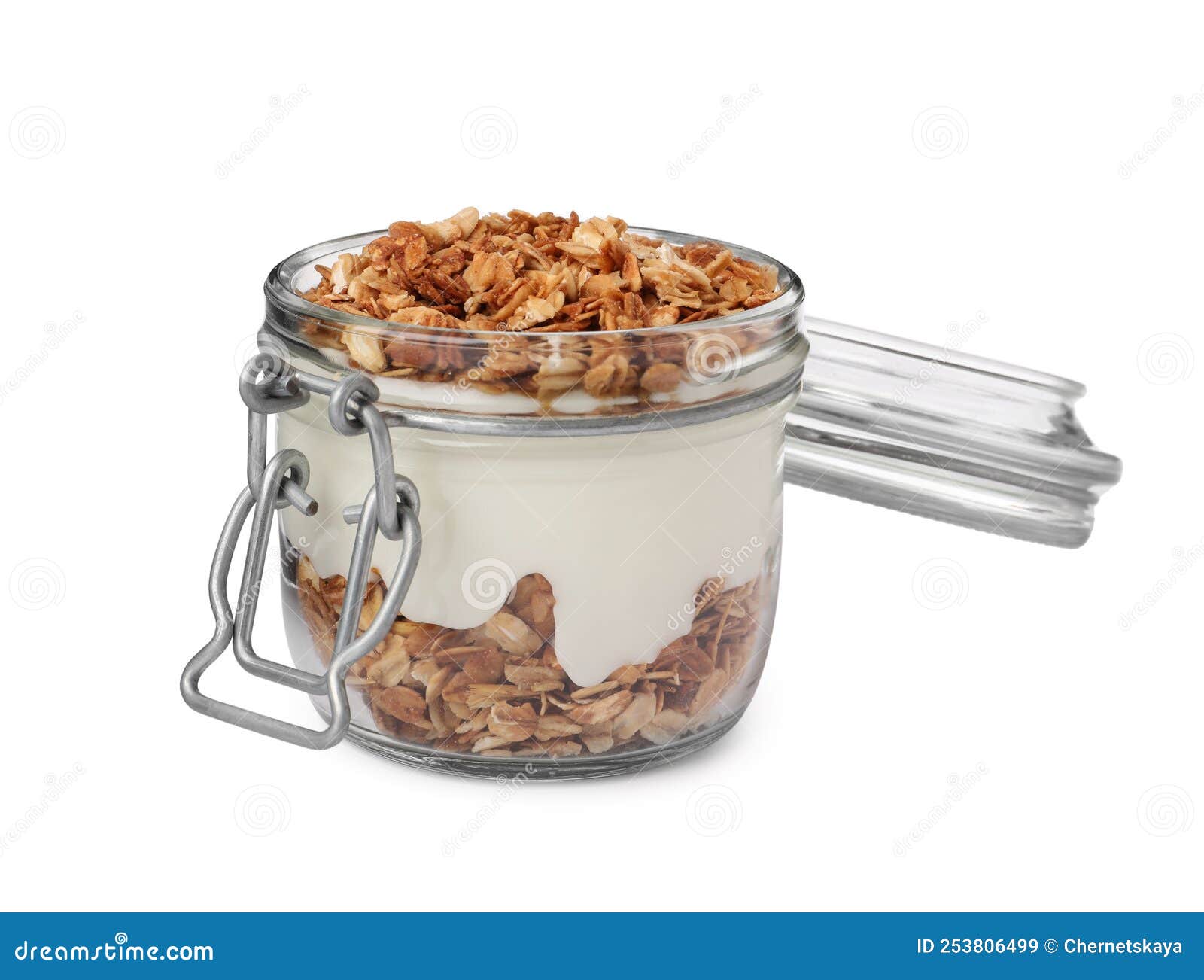 Jar of Yogurt with Granola Isolated on White Stock Image Image of