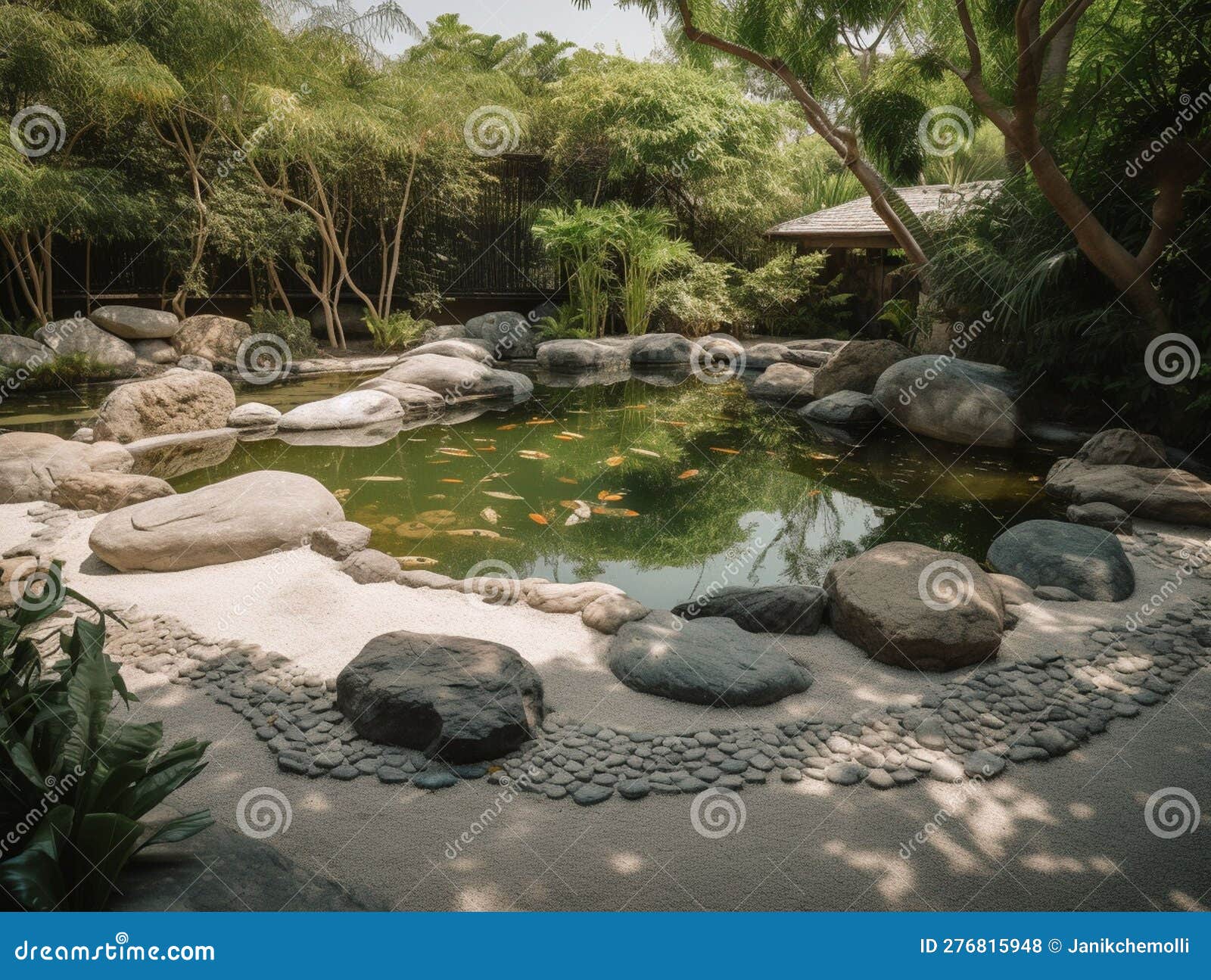 Jardin Zen Serein Avec Bassin Koi Image stock - Image du verdure