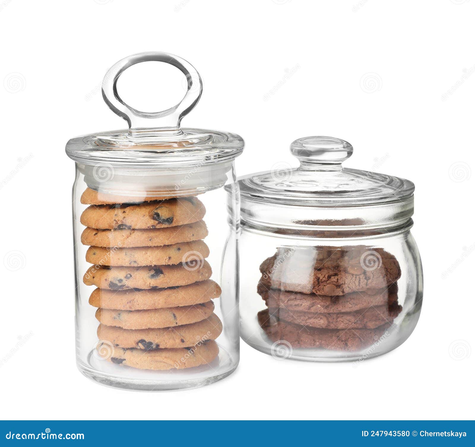 Jars of Chocolate Chip Cookies on White Background Stock Photo Image