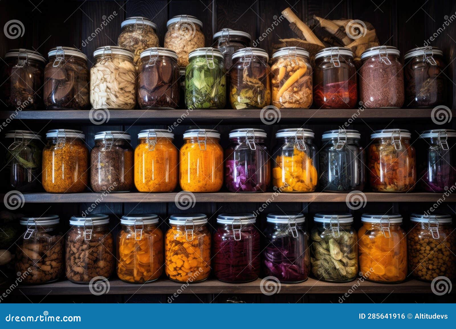 Jars of Dehydrated Food Stacked in a Pantry Stock Photo Image of