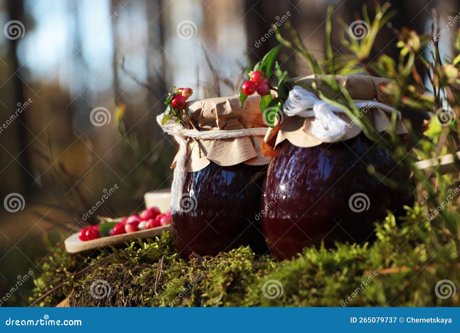 Jars of Delicious Lingonberry Jam and Red Berries Outdoors, Space for