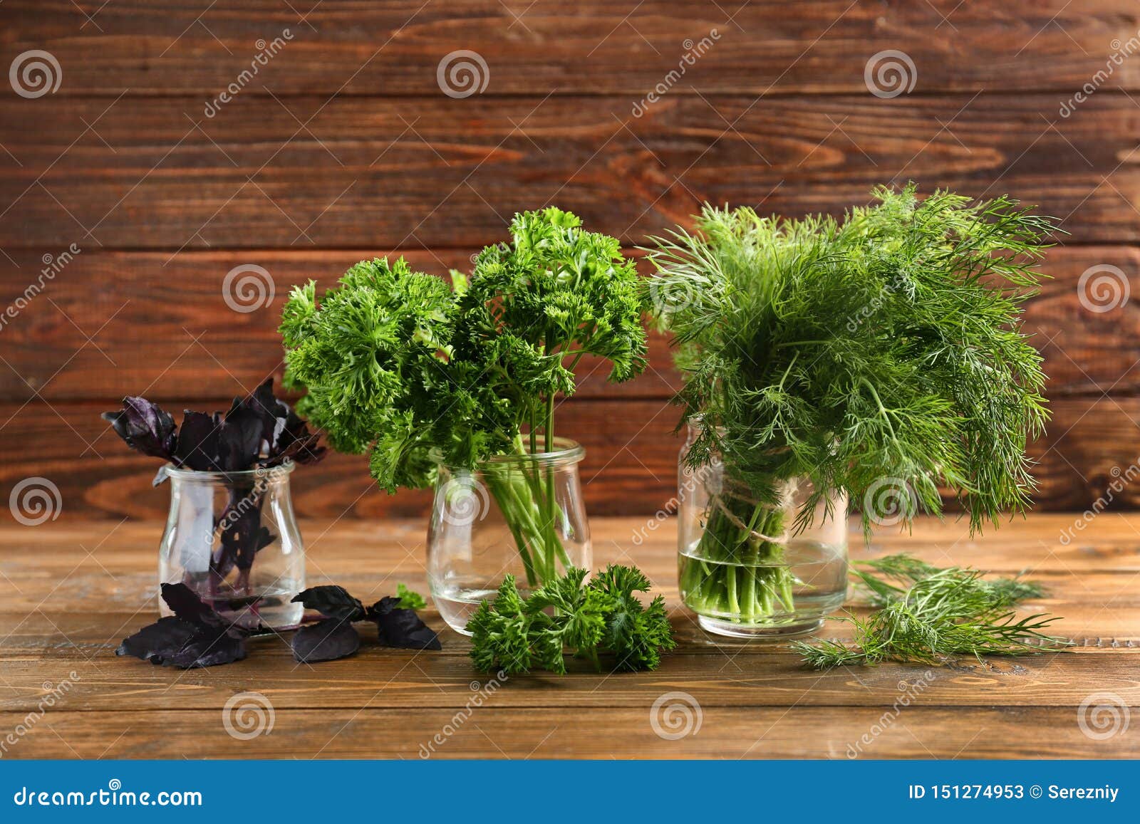 Jars with Fresh Aromatic Herbs on Wooden Table Stock Image Image of
