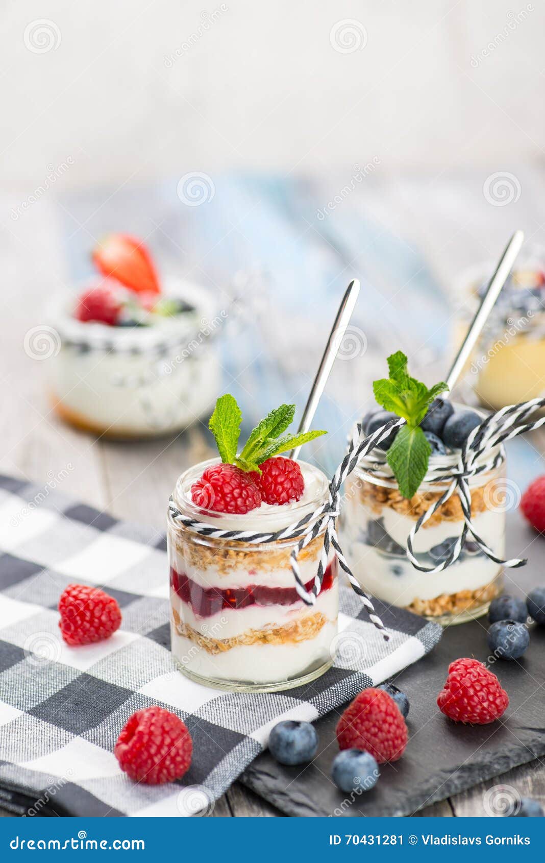 Jars with Fresh Yogurt and Berries on Table Stock Image Image of