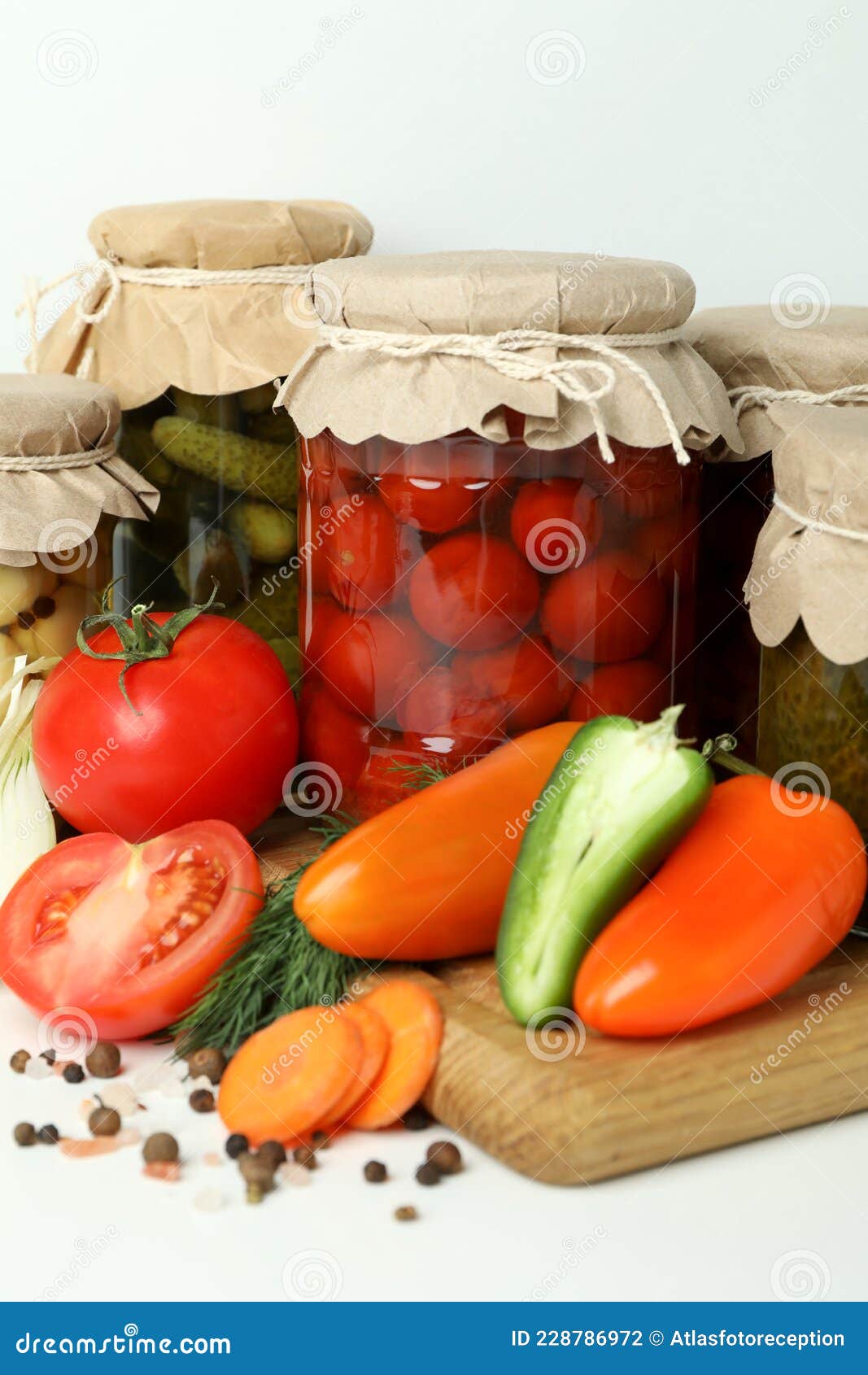 Jars of Pickled Vegetables and Ingredients on White Table Stock Photo Image of pickled, pickle