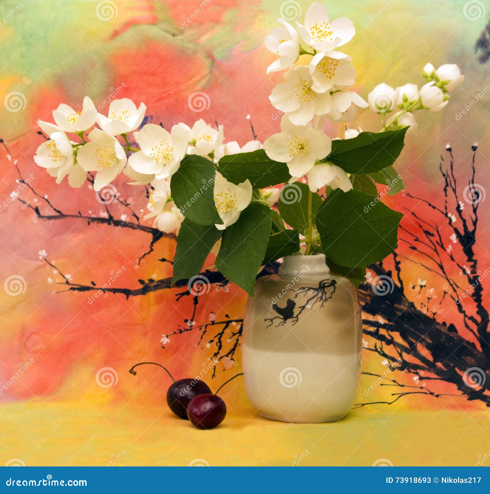 Jasmine in Chinese vase stock illustration. Illustration of jasmine