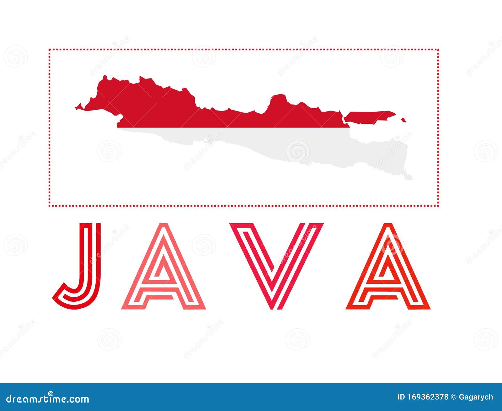 Java Logo. Map of Java with Island Name and Flag Stock Vector