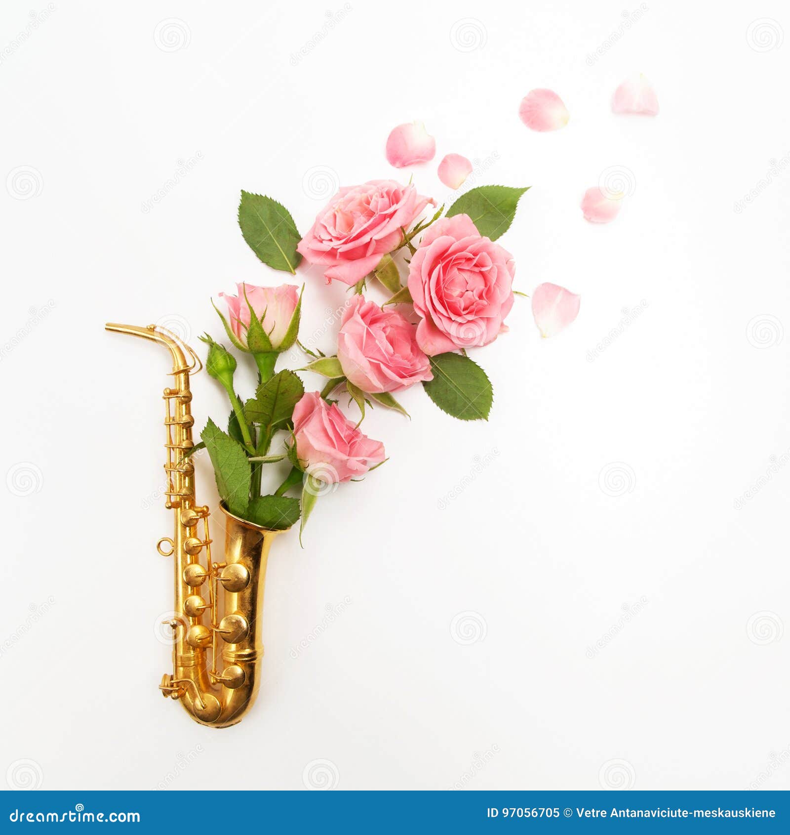 Jazz Day. Saxophone with Flowers. Flat Lay, Top View Stock Image