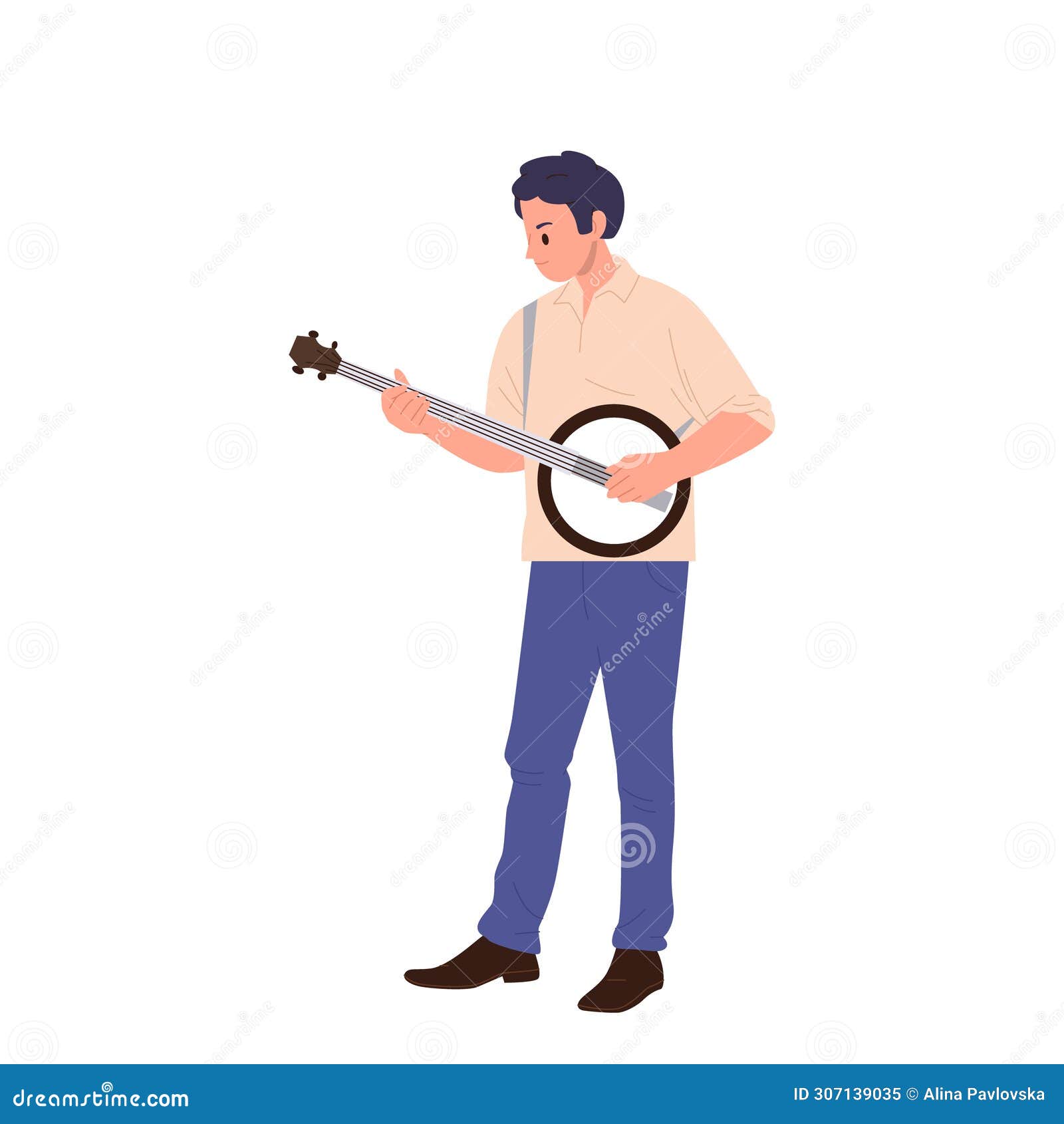 jazz man cartoon character playing traditional banjo guitar string instrument  on white