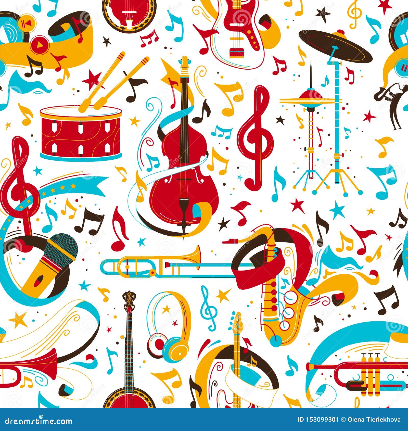 Jazz Music Instruments Retro Vector Seamless Pattern Stock Vector