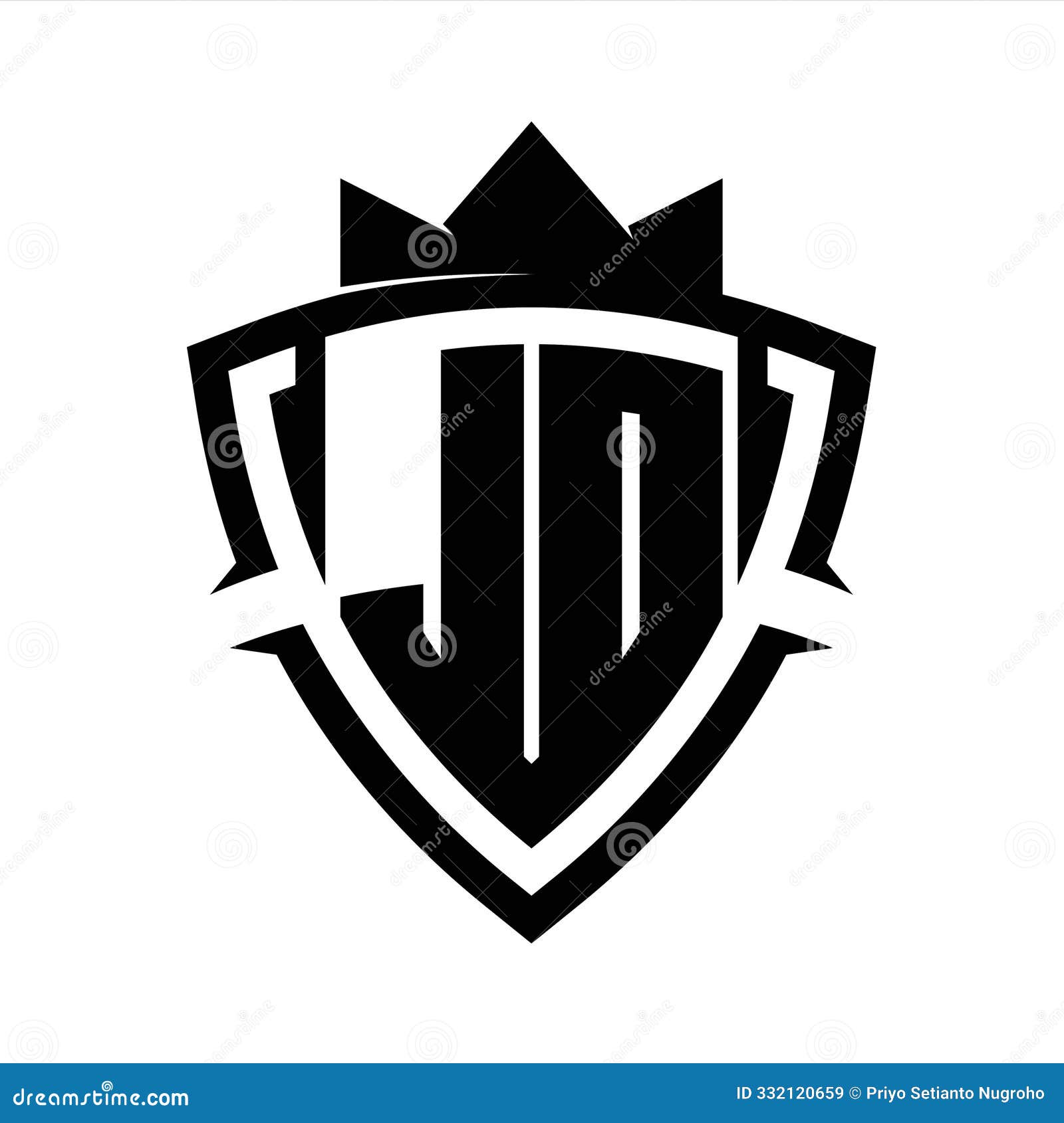 jd letter bold monogram triangle curve shield  with crown black and white background color 