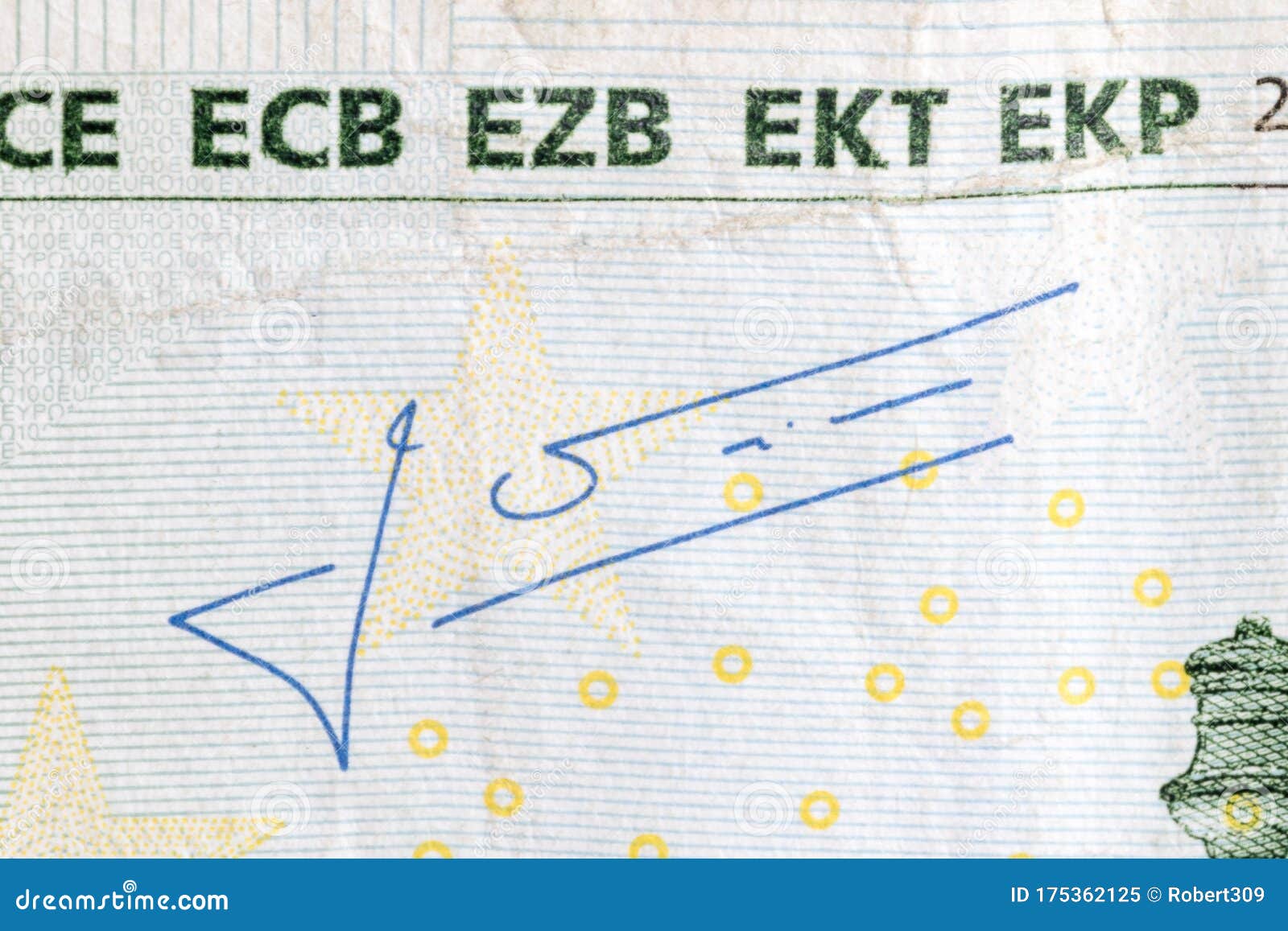 jean-claude trichet`s signature on 100 euro banknote. mario draghi is president of the european central bank