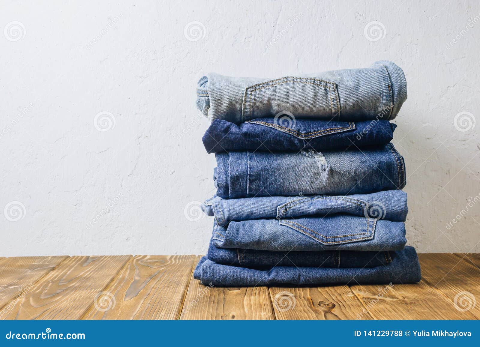Jeans Denim Cloth Garment Monochrome Blue Textile Stacked on Wooden ...