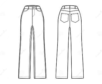 Jeans Denim Pants Technical Fashion Illustration with Full Length ...