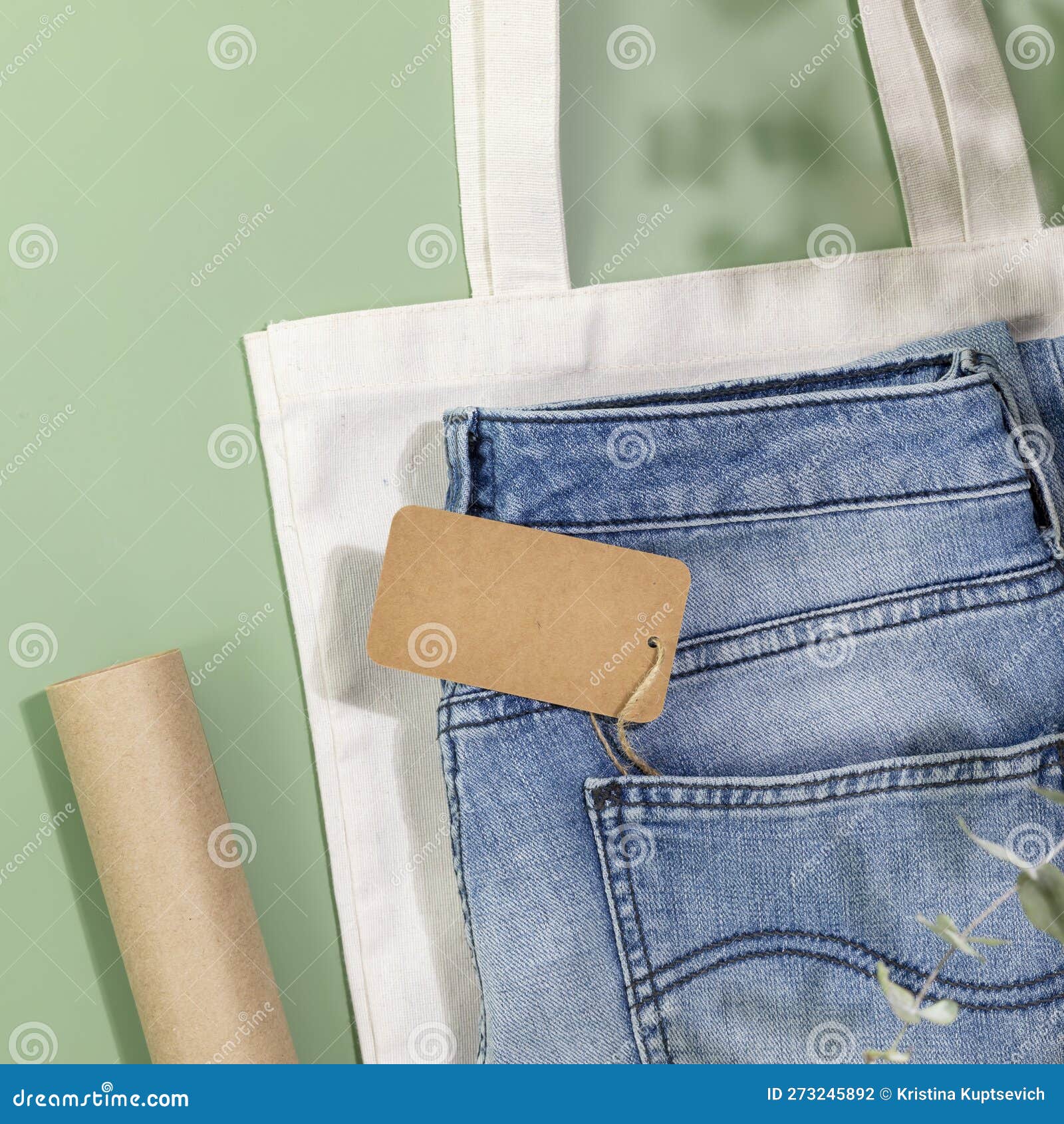 Jeans with Empty Craft Label, Textile Bag and Packing Paper Stock Photo ...