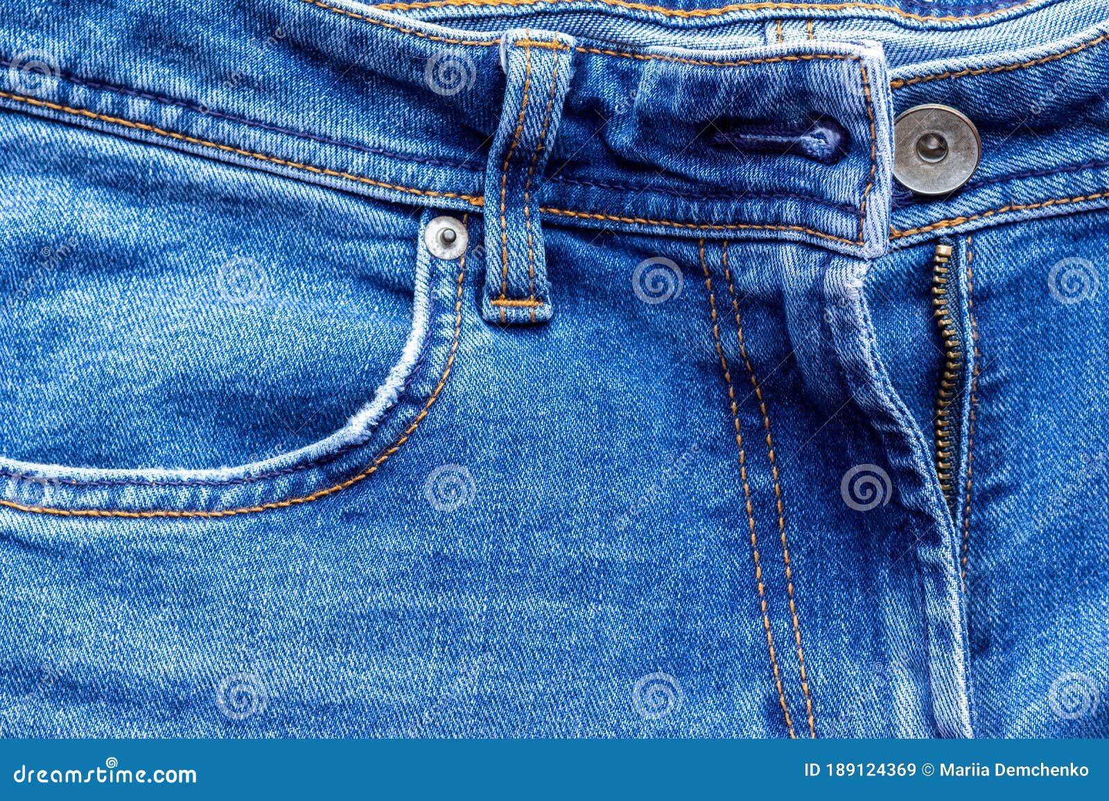 Jeans Front with Zipper Open, Button and Pocket. Bright Blue Denim ...