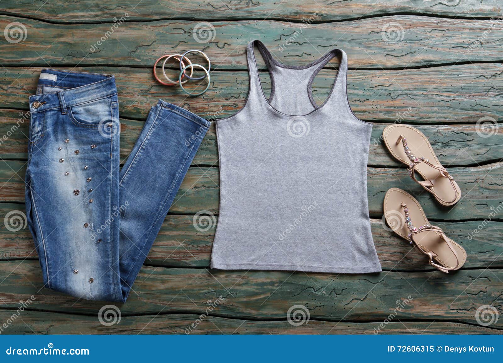 Jeans and gray tank top. stock image. Image of brand - 72606315