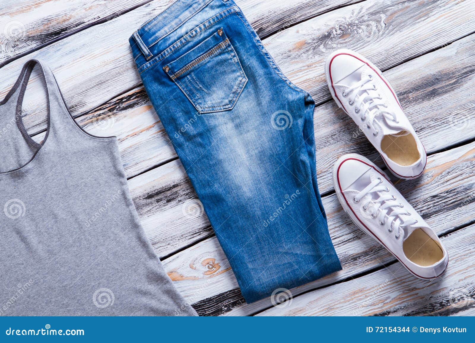 Jeans and gray tank top. stock photo. Image of item, fashion - 72154344