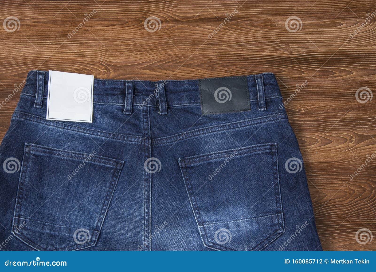 Download Jeans Label Mockup, Denim Texture, Isolated Wooden Background Stock Photo - Image of empty ...